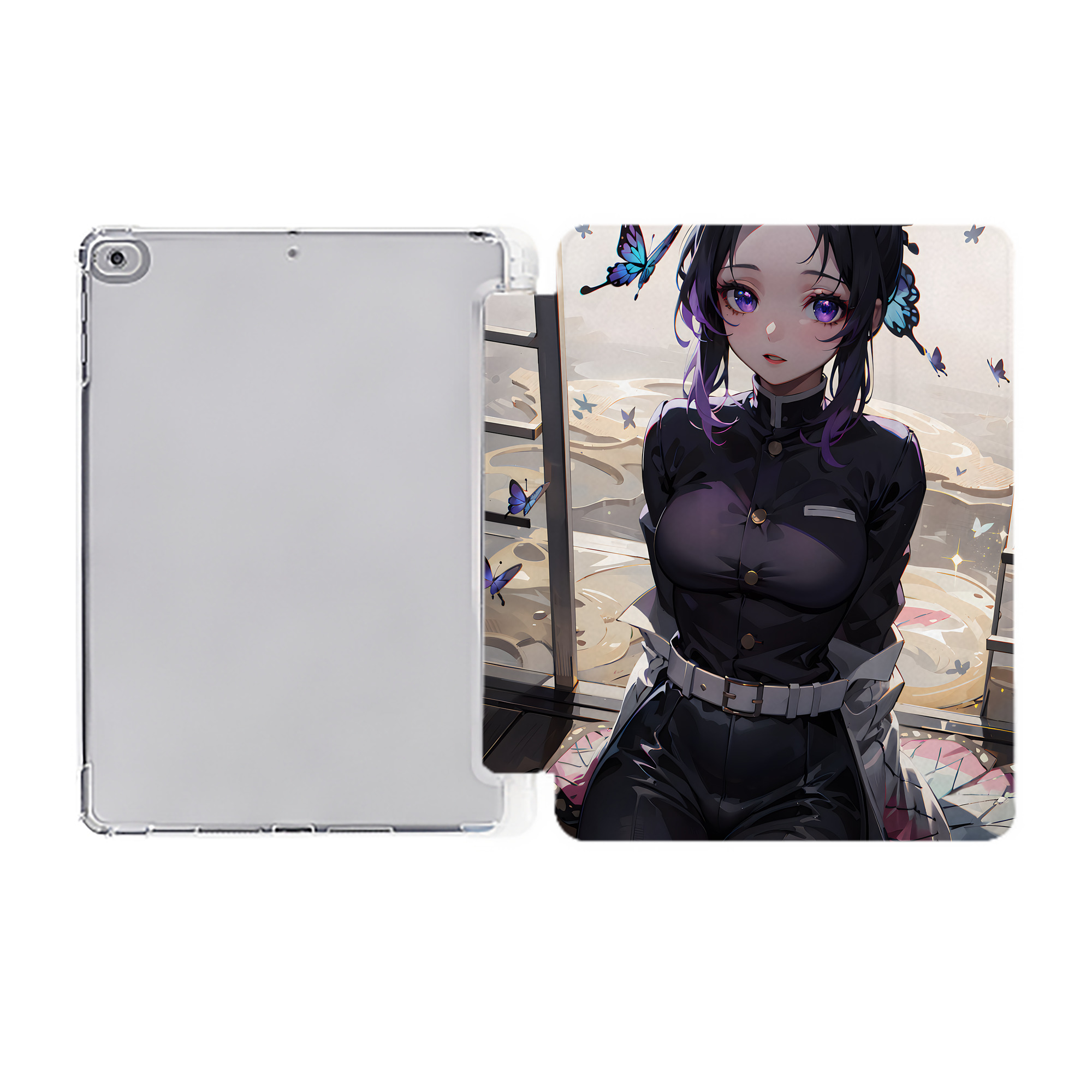 （画像用） 鬼滅の刃（きめつのやいば）蟲柱-胡蝶 しのぶ／こちょう しのぶ Kochou Shinobu IPad ケース ペン収納付き 三つ折りスタンド PUレザー×シリコン 対応機種9.5/10.5/10.9インチ